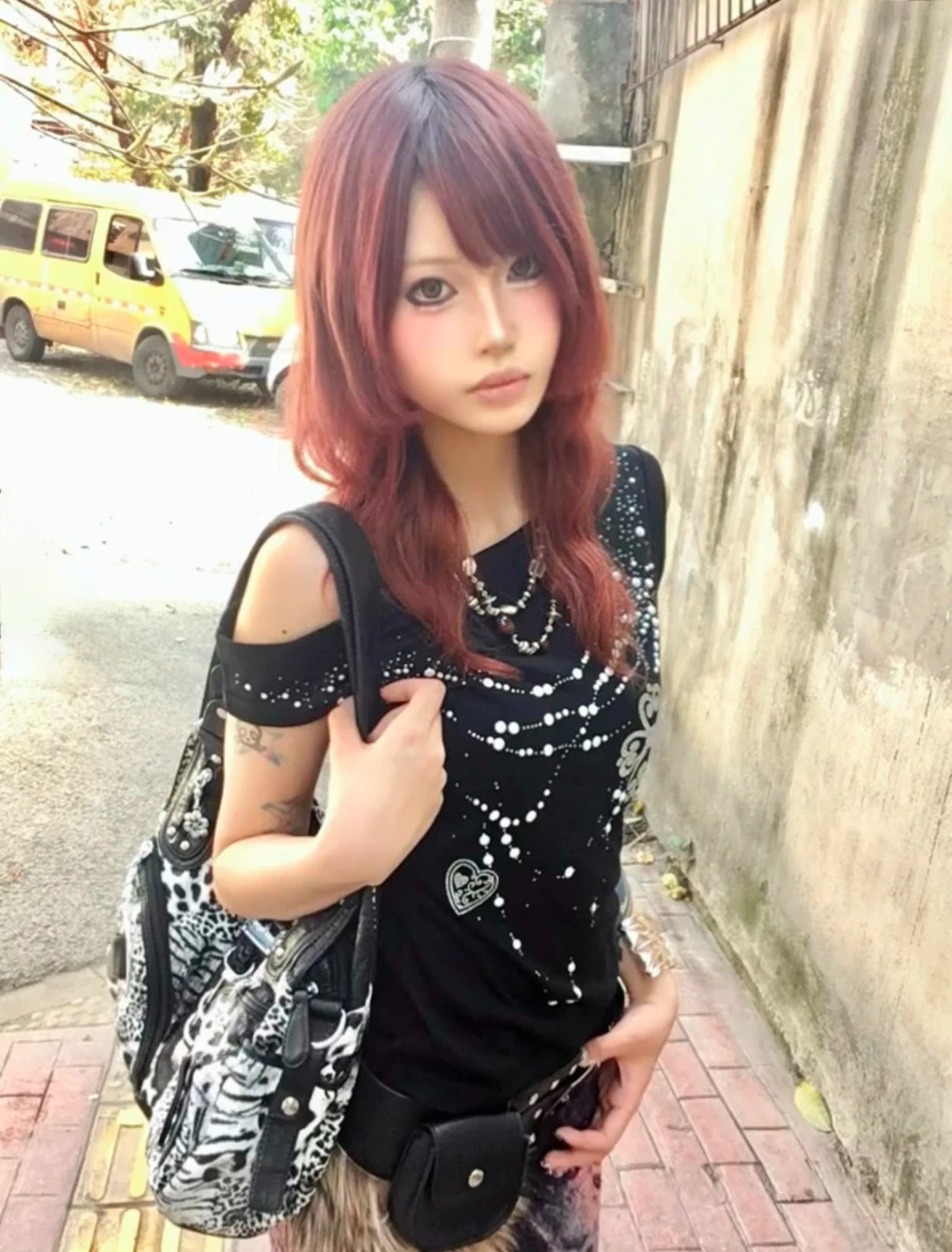 Karrram Japanese Y2k Off Shoulder T-shirt Grunge Aesthetics Rhinestones Print T Shirt Trashy 2000s Style Tops Vintage Harajuku