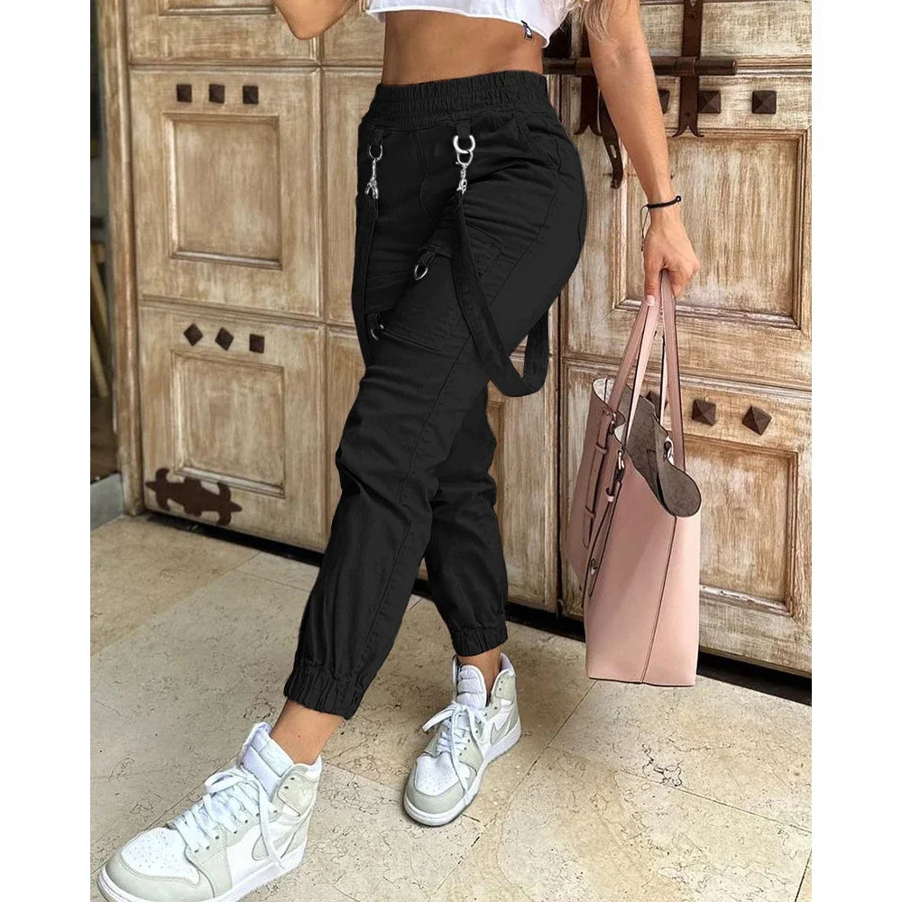 Women's Cargo Pants Casual Trousers 2024 Spring Autumn Solid Color Trend Street Pocket Design Cuff Suspenders Streetwear Women