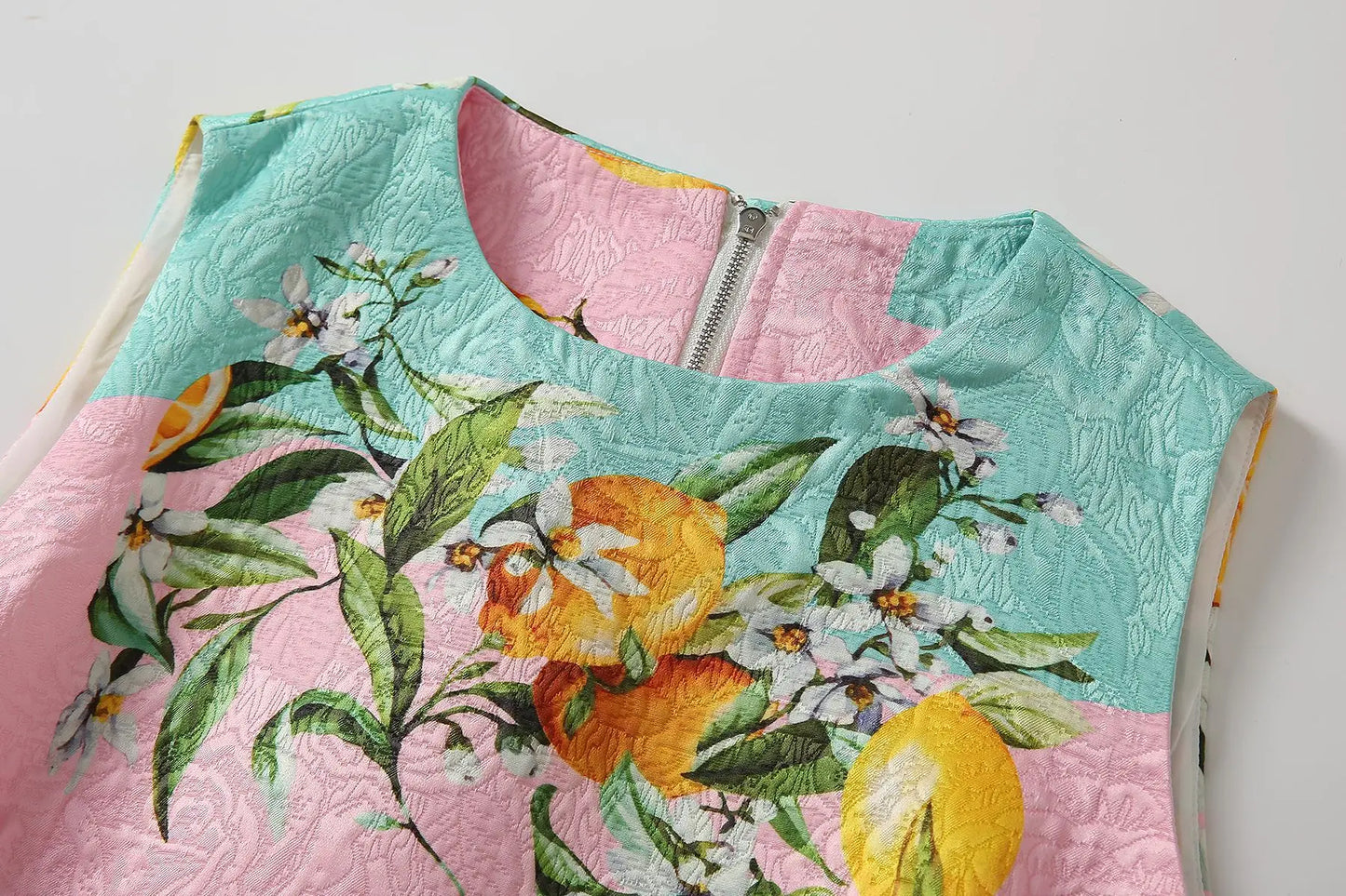 Vintage Jacquard Printed Lemon Vest A-line Dress Summer New Fashion Round Neck Sleeveless Slim Temperament Short Women's Dress