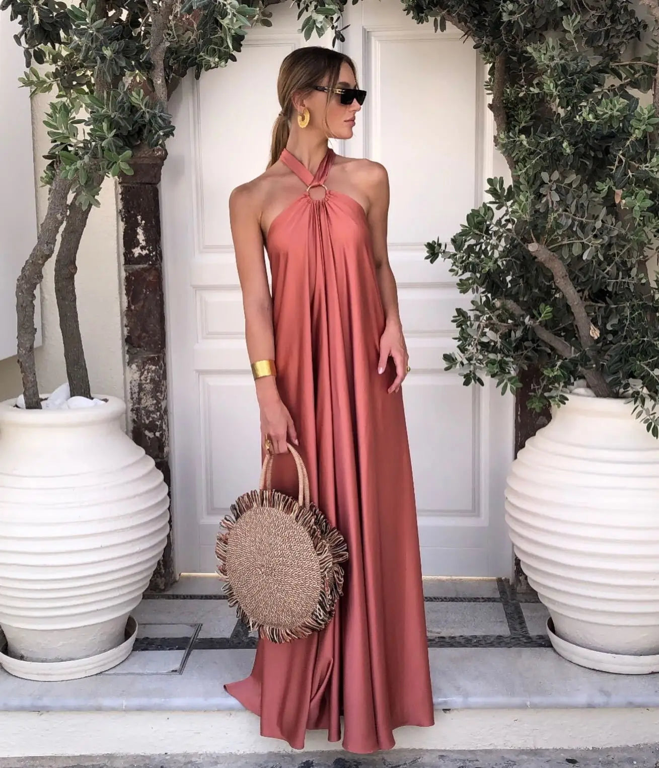 Backless Halter Neck Satin Evening Dress for Women