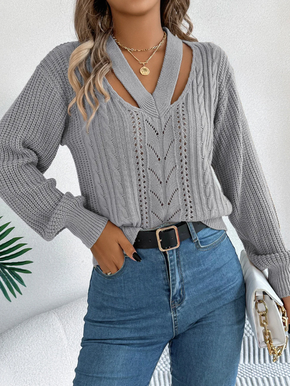 Hollow V Neck Knit Sweater