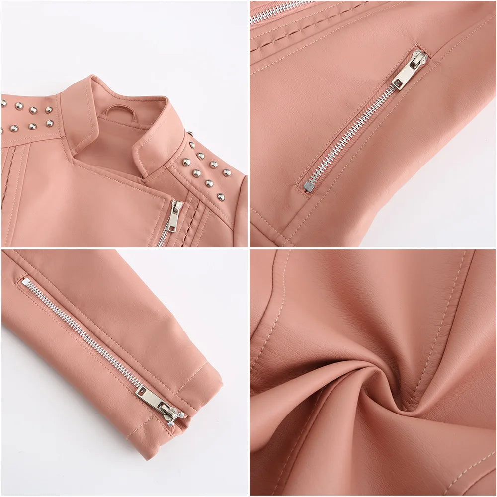 Women's Punk Rivet Leather Jacket Spring Autumn Retro Turndown Collar Slim Casual Ladies Faux Soft Leather Moto Biker Outerwear