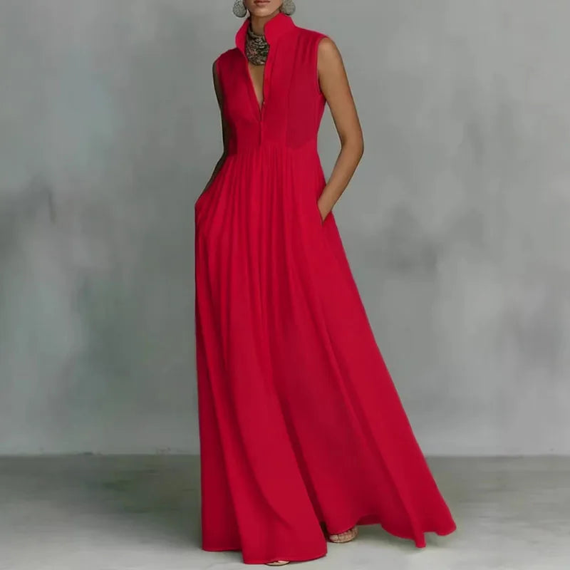 Bohemian Stand Collar Button Maxi Shirt Dress for Women