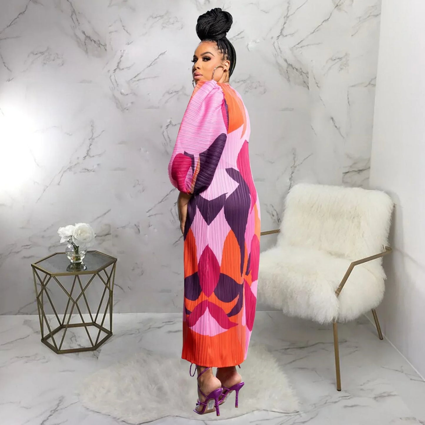 Lantern sleeve pleated dress