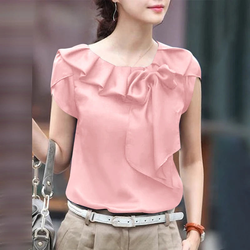 ZANZEA Women Short Sleeve Blouse Elegant Round Neck Tunics Office Lady Bowknot Stitching Shirt Casual Loose Solid Twisted Tops