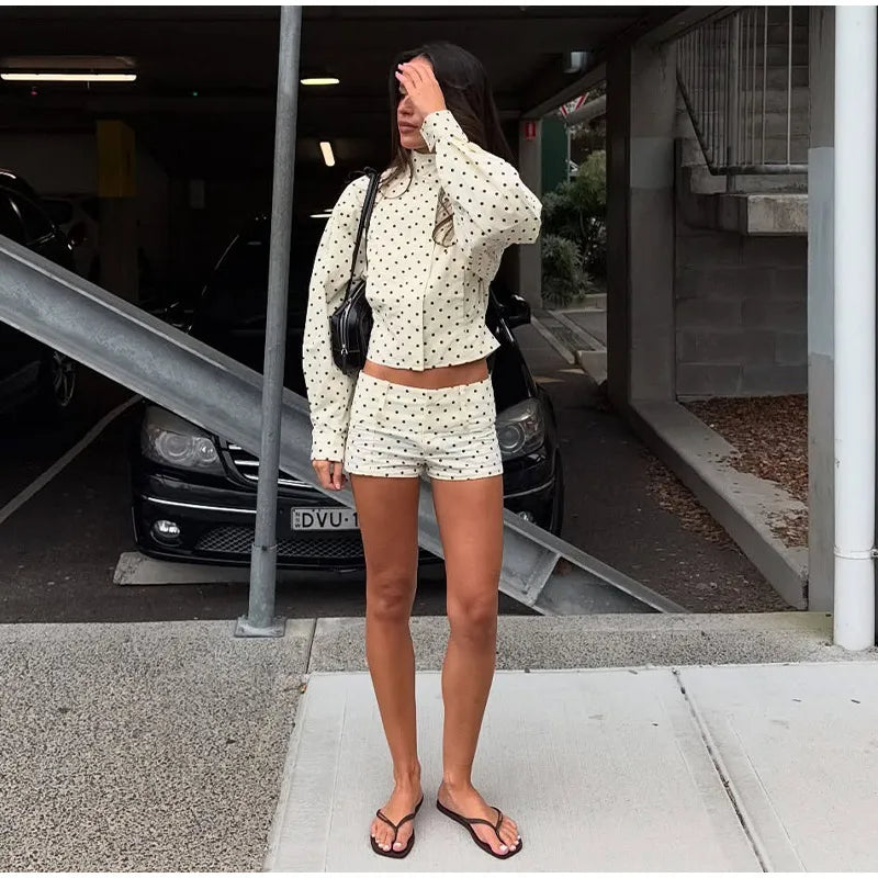 Loose Polka Dot Zipper Women's Shorts Set Stand Collar Patchwork Full Sleeve Pockets Jacket Tie Up Short Pant Suit Summer Outfit
