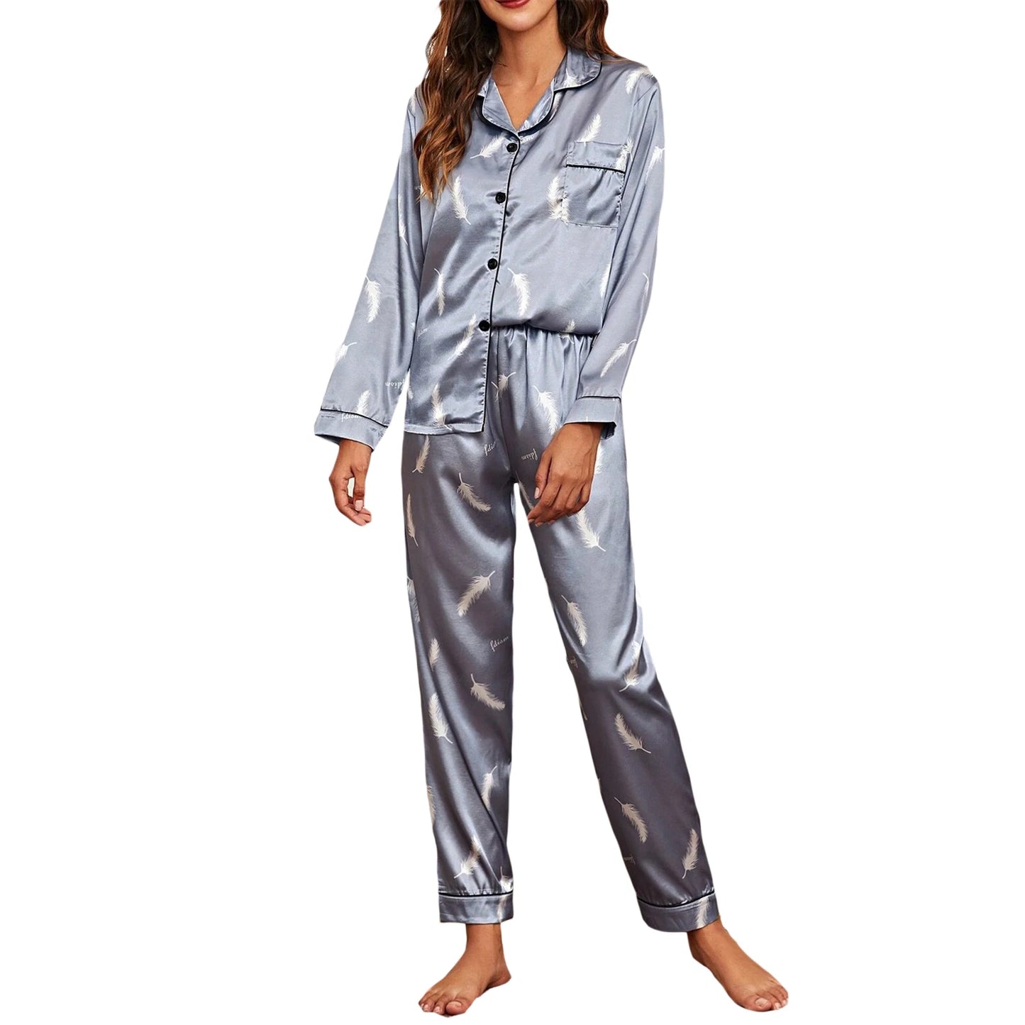 Women 2 Pieces Satin Pajamas Set Spring Autumn Long Sleeve Button Up Shirt and Casual Loose Elastic Pants Sleepwear Loungewear