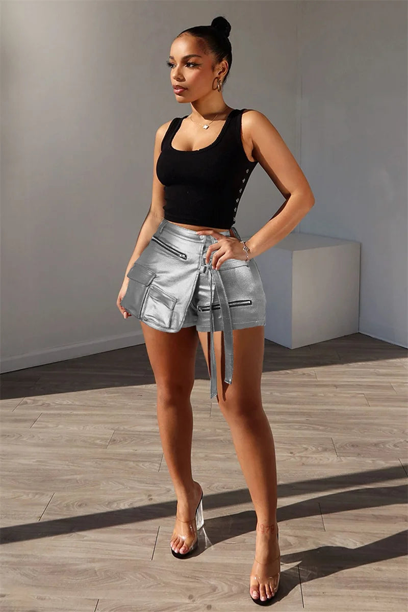 Shiny Metallic Irregular Shorts Skirts Women Y2K Clothing High Waist Button Fly Pockets Zipper Party Club Birthday Short Mujer