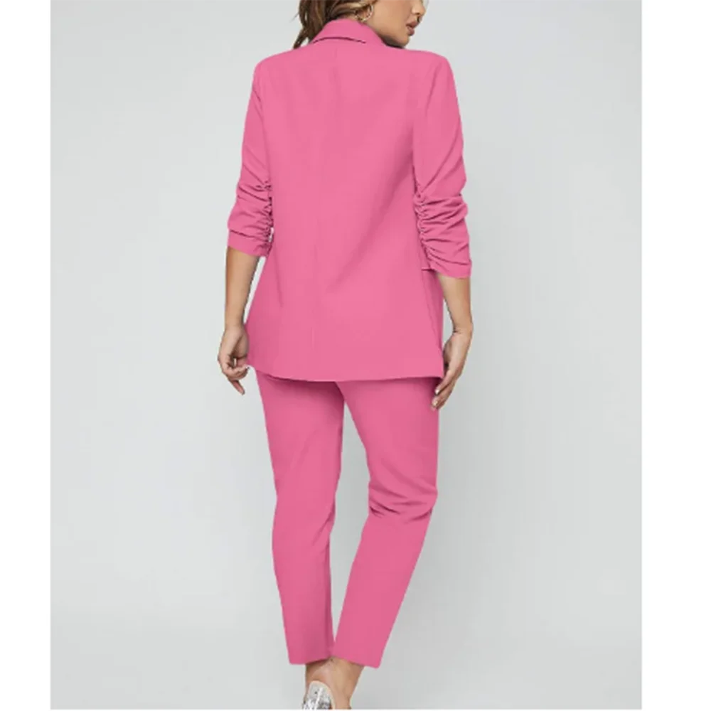 Fashion Chic Rose Red Khaki Conjuntos De Pantalones Two-pieces (Jacket+Pants) Peak Lapel Single Breasted Office Lady Full Set