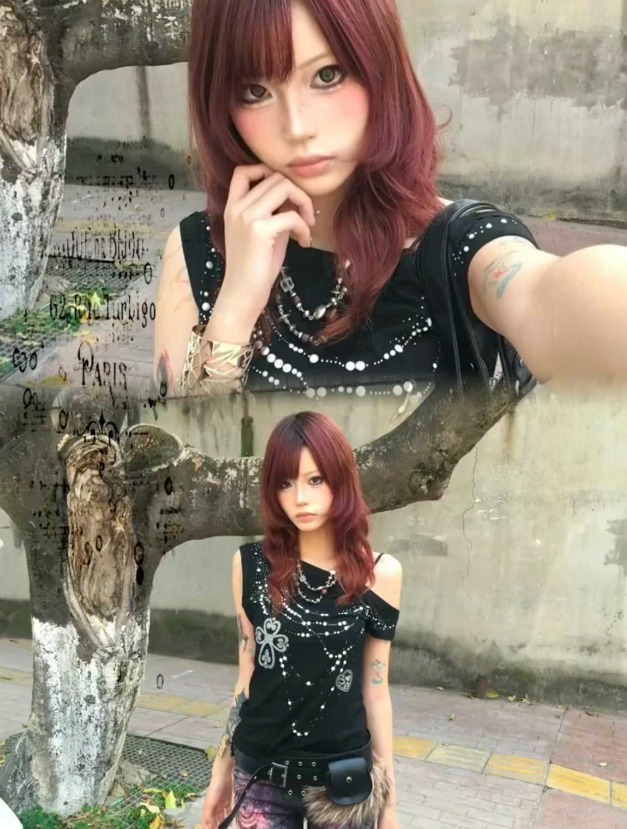 Karrram Japanese Y2k Off Shoulder T-shirt Grunge Aesthetics Rhinestones Print T Shirt Trashy 2000s Style Tops Vintage Harajuku