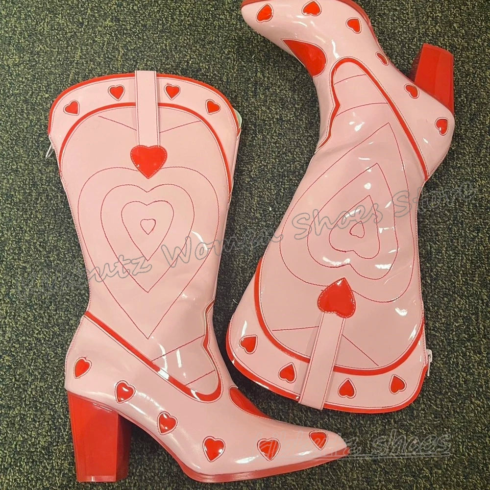 Hearts Cowboy Knee High Boots Slip-On Fashion Novelty Sexy Elegant Concise Novelty Leather Women Shoes Pointy Chunky Heels New