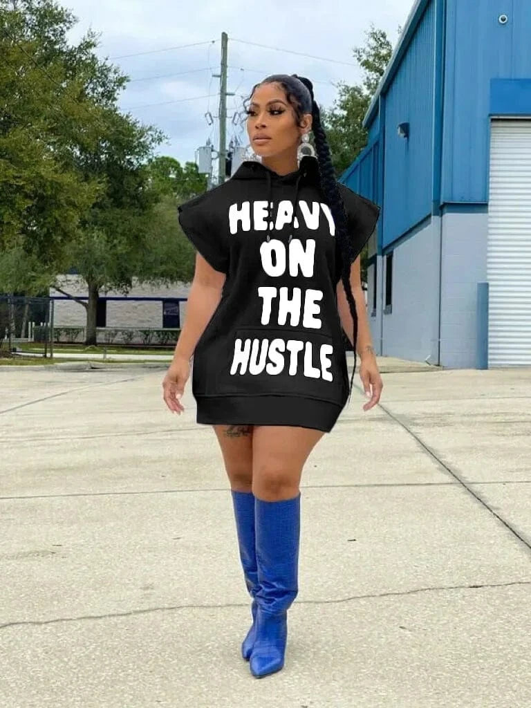 Women Streetwear Casual Letter Print Hooded Flare Short Sleeve Sweatshirt Style Dress 2024 New