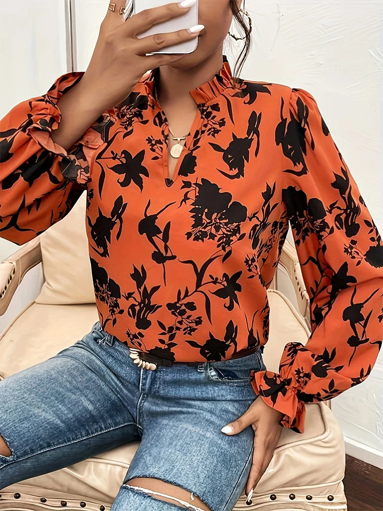Women's Plant Flower Print Flared Long Sleeve Shirt