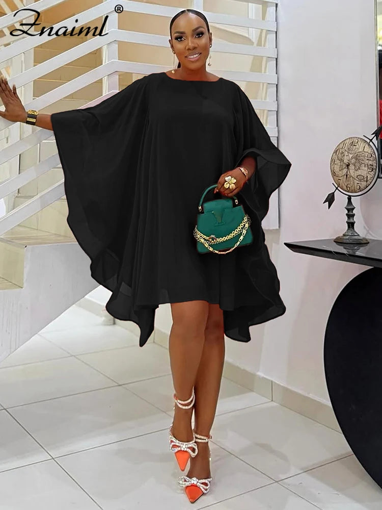 Znaiml Elegant African Party Cloak Mini Dress Women Fashion O Neck Batwing Sleeves Cape Loose Dresses Summer Birthday Clubwear