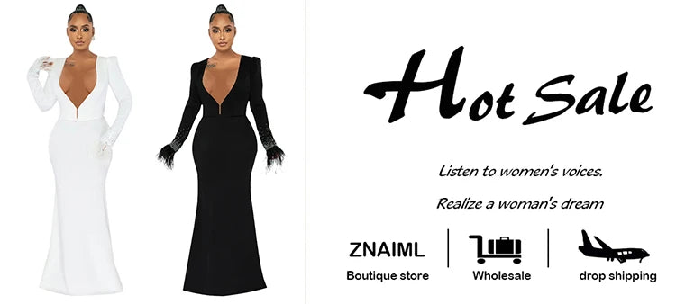 Znaiml Elegant Mermaid Skirt and Deep V Neck Feather Diamonds Long Sleeve Crop Tops Women Two Pieces Party Evening Matching Sets