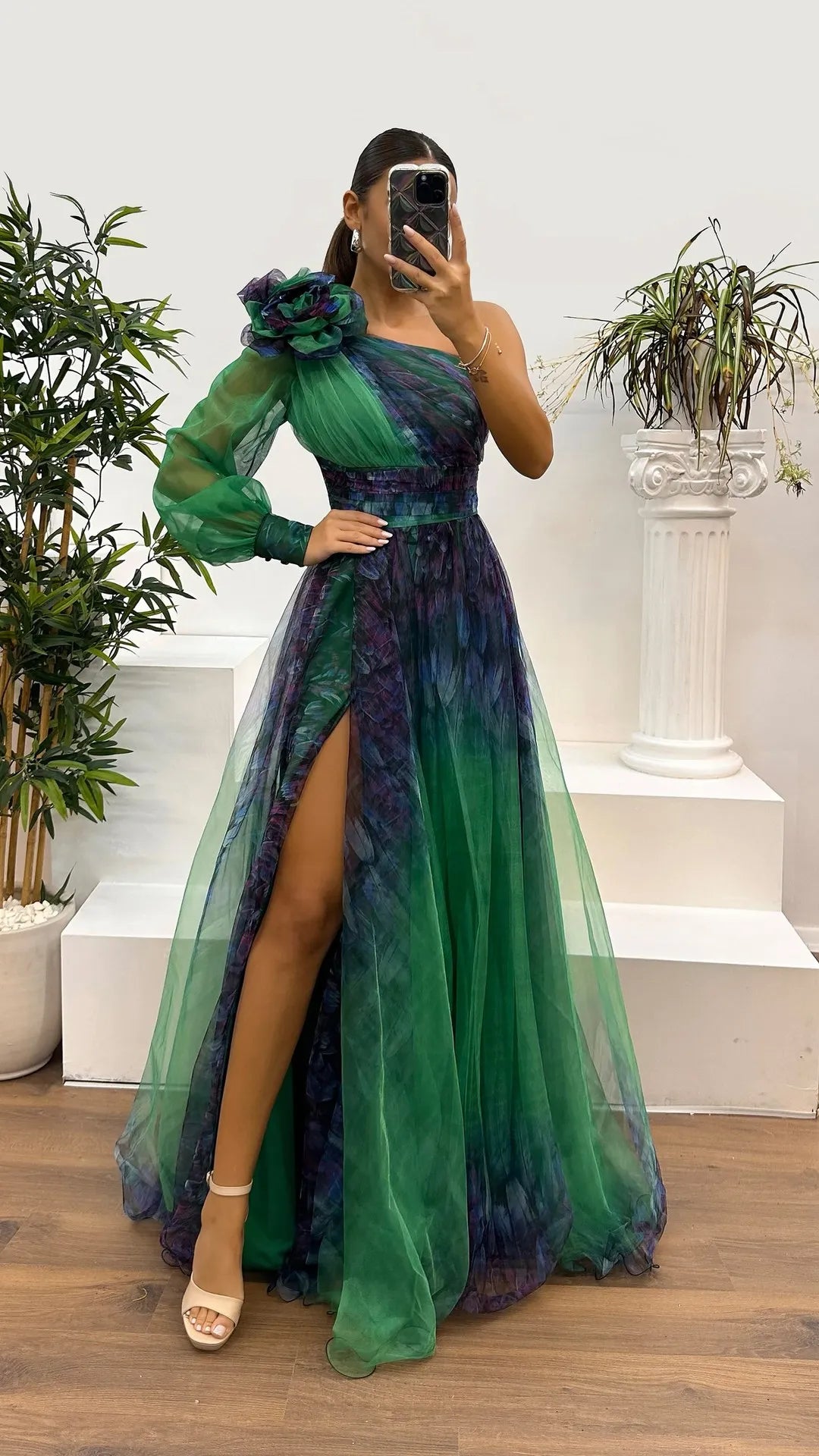 New One Shoulder Sleeve Pleats Bridesmaid Dress Vintage Pattern Printed High Waist Long Dress Sexy Asymmetric Mesh Evening Dress