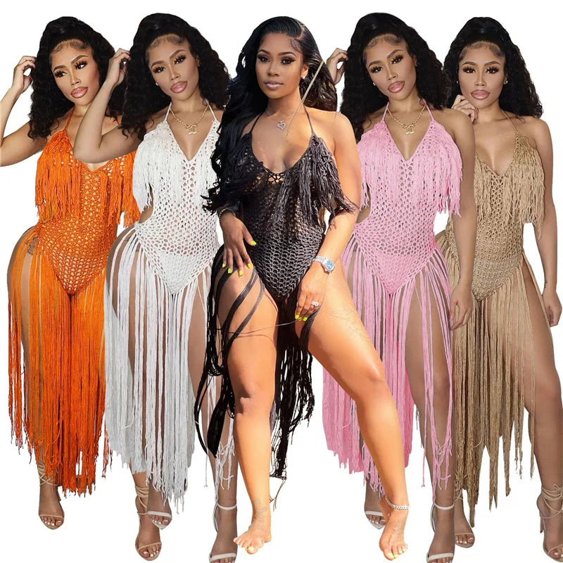 Sexy Crochet Knitted Beach Summer Dress Women Halter V-neck Tassel Backless Maxi Dress Vacation Sheer Long Dresses Swimsuit 2022