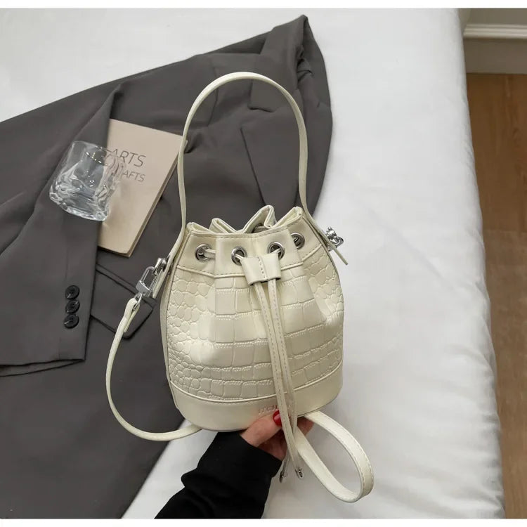 2025 New Trendy Women's Drawstring Tote Bag - Vintage Stone Texture Crossbody Satchel with Retro Minimalist Design
