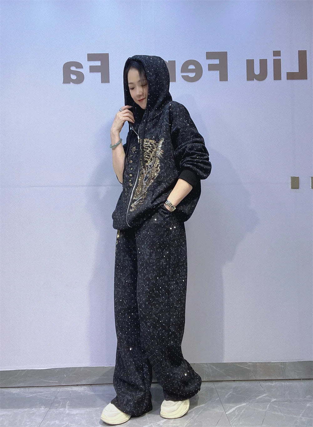 2025 Autumn Tie-dye Zipper Hooded 2 Piece Sets Woman Casual Sequins Oversized Straight Pant Sets Vestidos Sportsuits Bust 130cm