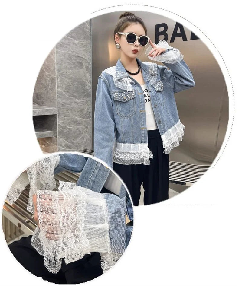 2025 Spring Autumn Women's Nail Bead Short Denim Jacket Female New Korean Version Design Sense Fashionable Lace Edge Jacket Top