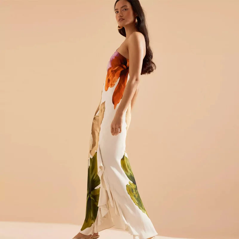 Flower Print Slanted Shoulder Dress Vintage Backless Sleeveless Skinny Irregular Robe For Women 2025 Summer Lady Beach Vestido
