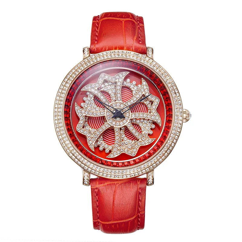 Luxury Davena Spin Snow Flower Women's Watch Japan Mov't Crystal Lady Hours Fine Fashion Real Leather Bracelet Girl's Gift Box