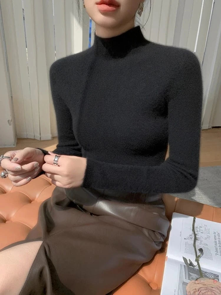 Women 100% Cashmere Sweater Mock Neck Pullover Autumn Winter Slim Basic Cashmere Knitwear Soft Warm High Strecth Pullover Tops