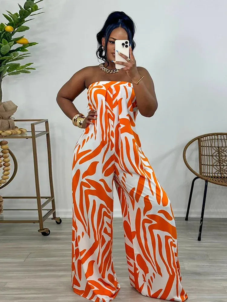 Printed Off Shoulder Open Back Jumpsuit