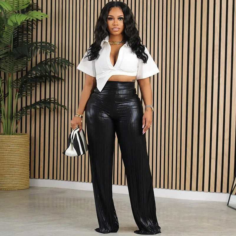 Doyerl Elegant Metallic Pants for Women High Waist Pleated Straight Trousers Y2K Shiny Night Club Party Wide Leg Trousers Female