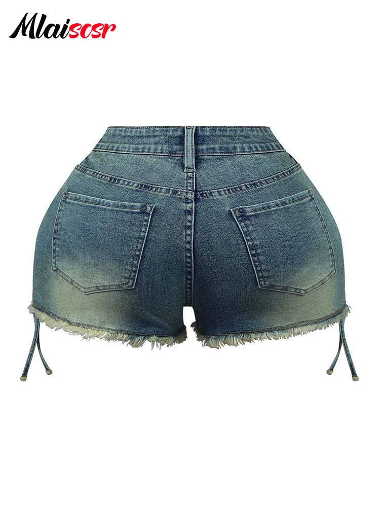 Mlaiscsr Sexy Sleeveless Backless Zipper Tops and Shorts Blue Denim Two 2 Piece Sets Women Summer Beach Party Night Outfits 2025