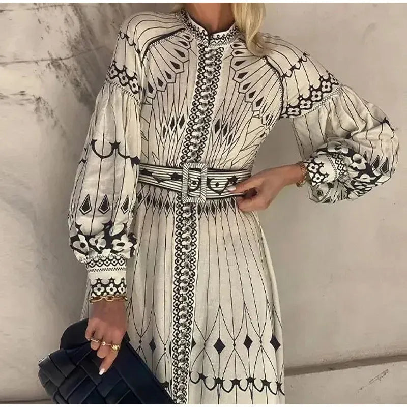 2025 Spring Women Vintage Long Dress Print Sashes Lantern Long sleeve Dresses Female Summer Elegant Fashion Office Lady Clothes