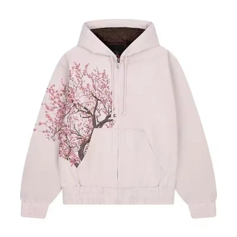 American Vintage Y2K Cherry Blossom Embroidered Hooded Jacket Womens Pink Zipper Coat with Floral Tree Graphic Streetwear