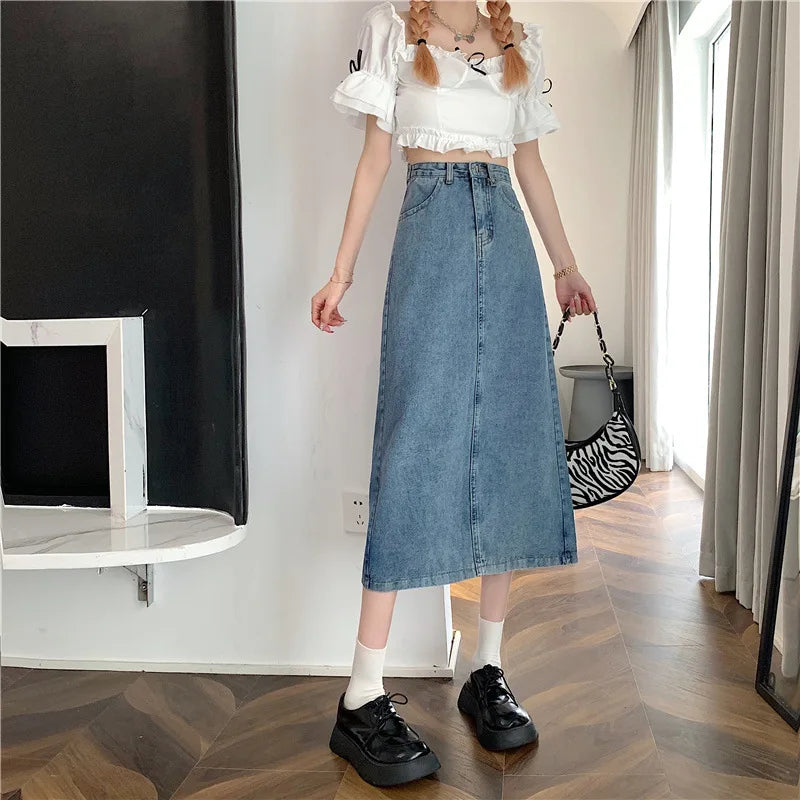 New 2022 Spring-Autumn Medium-Length Denim Skirt For Women High-Waisted Slimming Plus Size Curvy Girls A- Line Hip Covering Skir