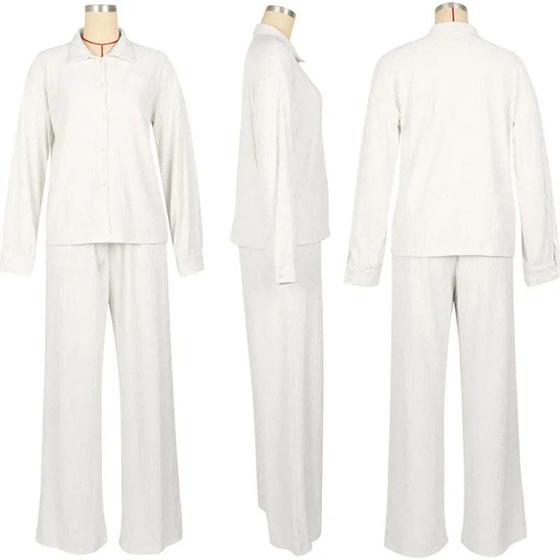 Doyerl Solid Casual Loungewear Sets Woman Two Piece Outfit Loose Fit Long Sleeve Shirt Top and Wide Leg Pants Matching Sets