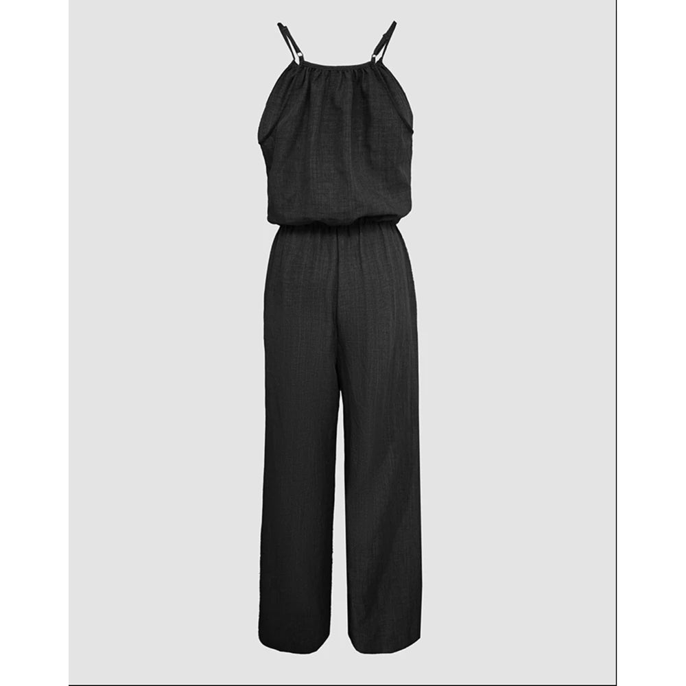 Women Solid Color Round Neck Wide Leg Straight Overalls Summer Spaghetti Strap Drawstring Waist Casual Black Jumpsuits