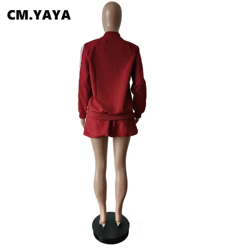 CM.YAYA Women Mini Skirts Set +Full Sleeve Striped Sweatshirt Two 2 Piece Set Outfits Fall Casual Street Night Club Cute Outfits