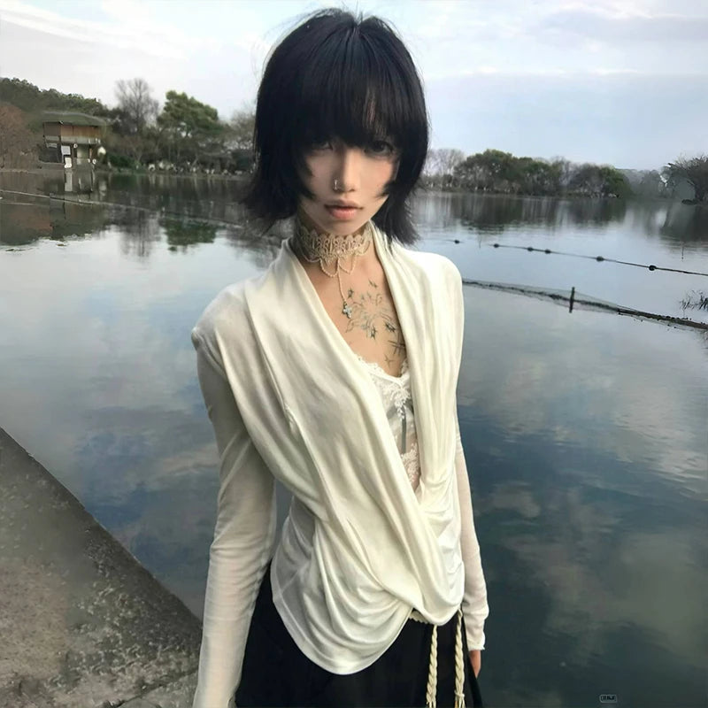 Karrram Japanese Y2k Cross Tops Trashy 2000s Style V-neck Long Sleeve T-shirt Vintage Harajuku White Irregular Tops American 90s