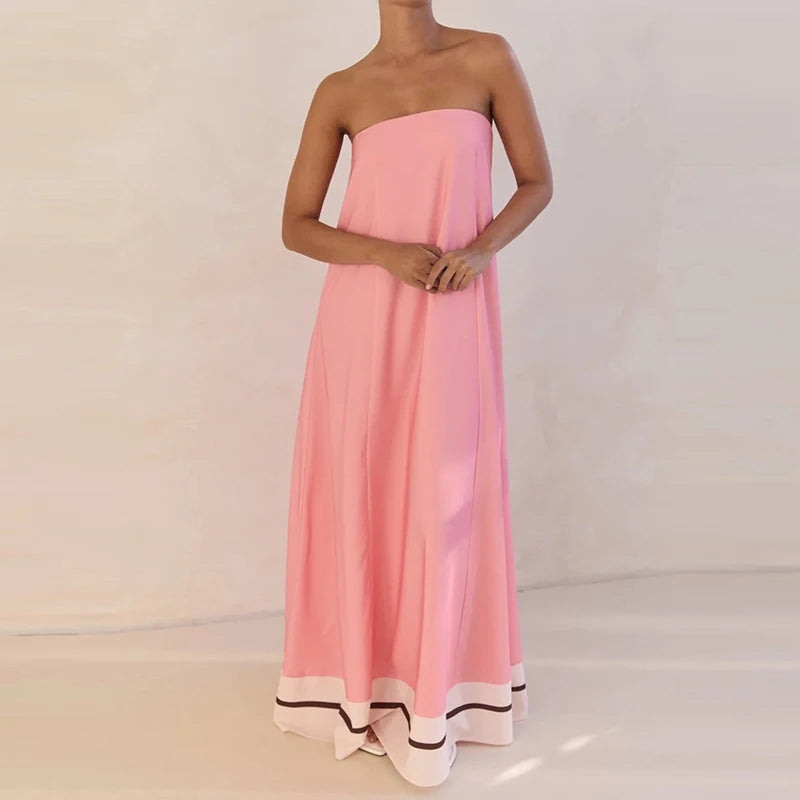 Casual Off Shoulder High Waist Loose Long Dress Backless Printed Holiday Women Dresses Summer Sexy Strapless Pleated Beach Dress