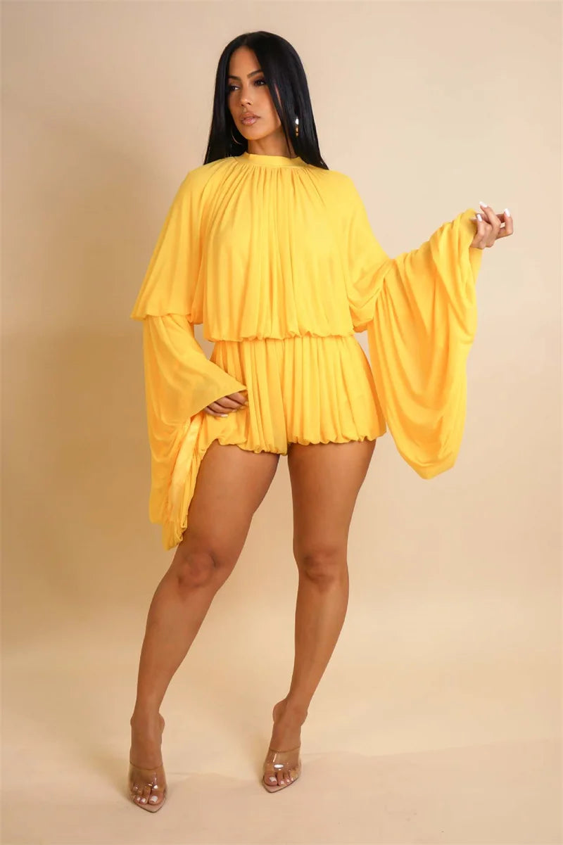 Doyerl Pleated Ruffles 2 Piece Set Woman Y2K Rave Clothing Festival Long Flare Sleeve Top and Short New in Matching Sets Outfits