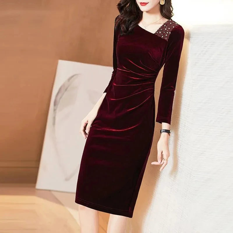 Golden Velvet Dress For Women Spring And Autumn New Fashionable Long Sleeve Dress Velvet Thickened Hip Wrap Dress Nail Bead