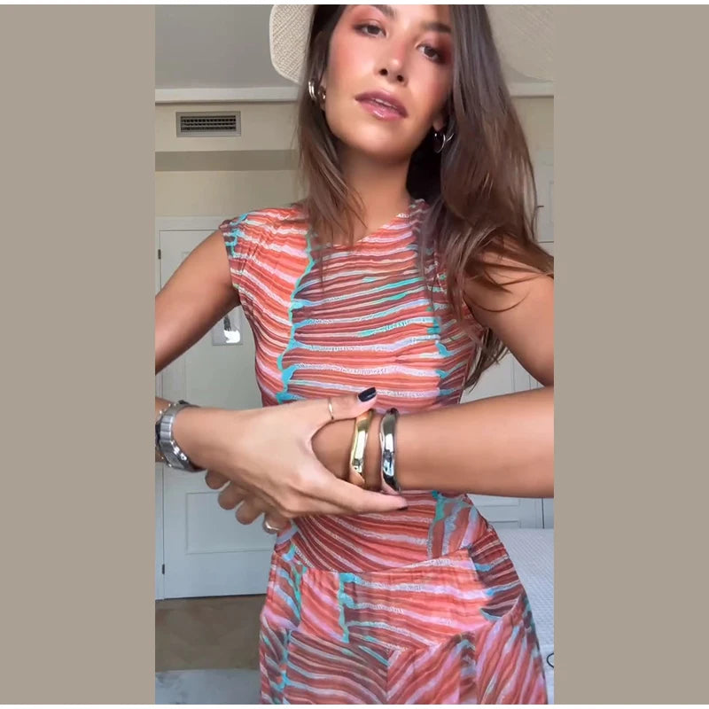 Chic Printed Contrast Women's Skirt Suit Sexy O-neck See Through Sleeveless Bodysuit High Waist Skirts Female 2025 Summer Outfit