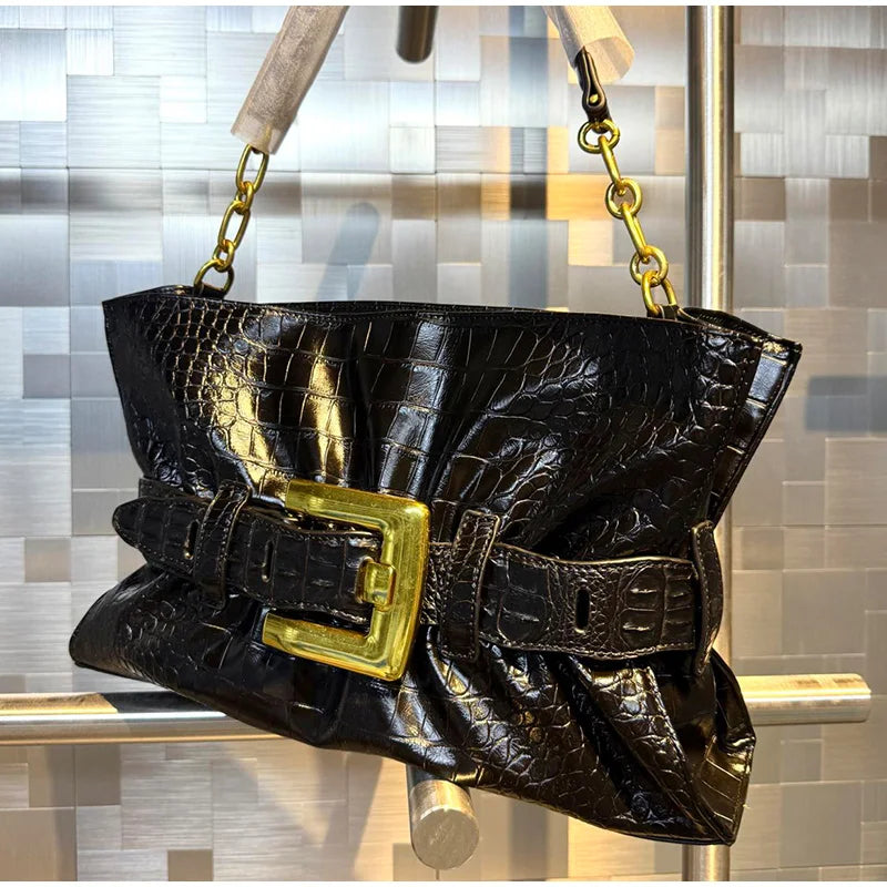 Women's Pleated Motorcycle Bag Trendy Belt Buckle Shoulder Bag Brand Design Fashion Large Capacity Texture Underarm Bag Tote Bag