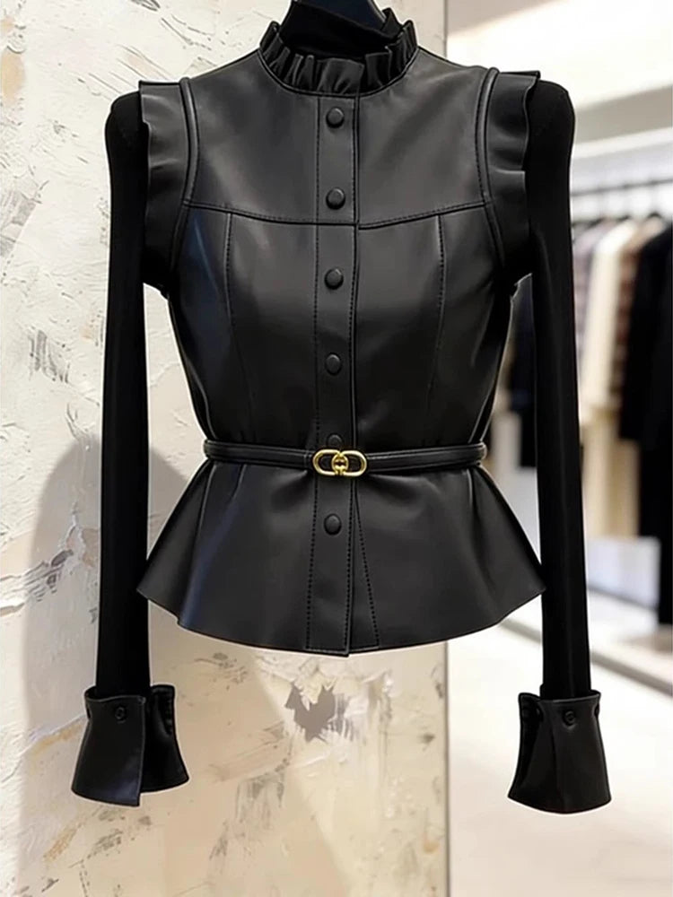 Vintage Black Ruffle Single Breasted Sleeveless Vest For Women