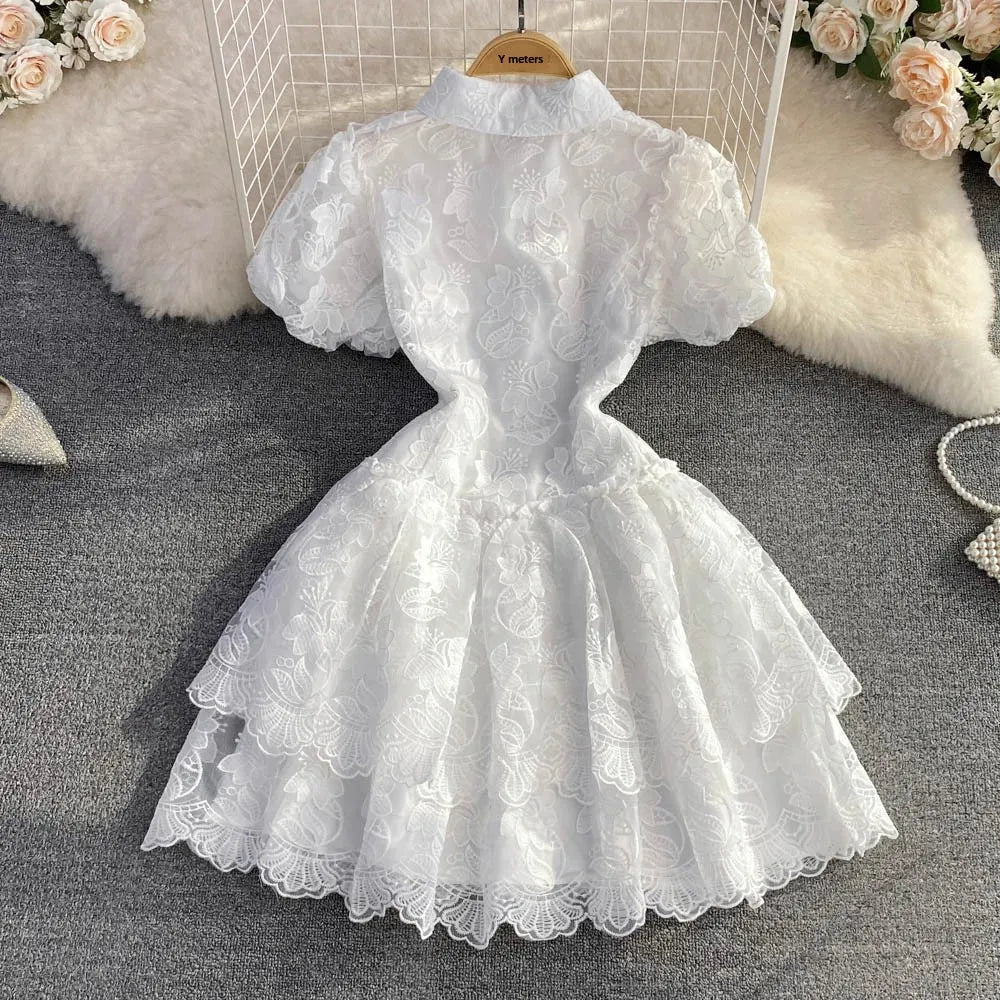 Vintage Elegant Lapel Single-Breasted White Embroidery Puff Sleeve A- Line Cake Dress Cross-Border Summer 2022