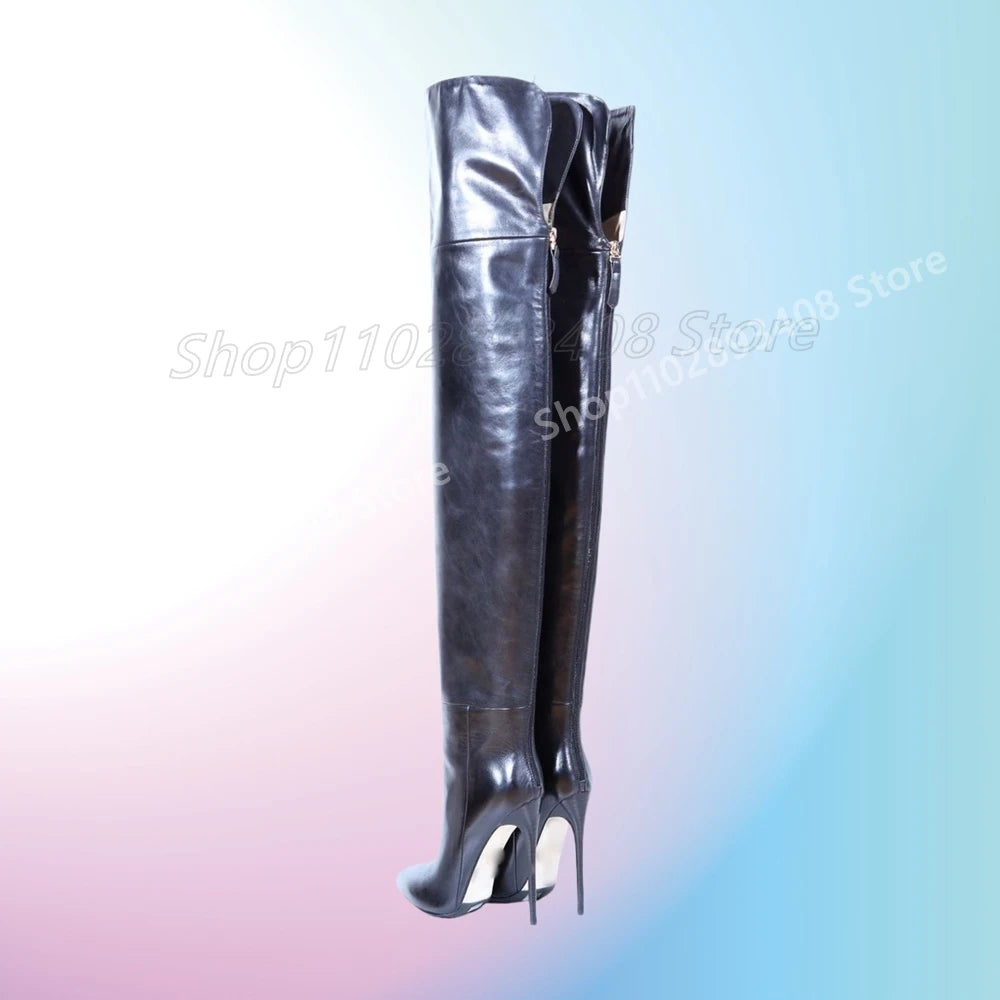 Dark Green Splicing Over the Knee Boots Matte Leather Back Zipper Stiletto High Heel Party Sexy Women Shoes 2025 Para Mujere