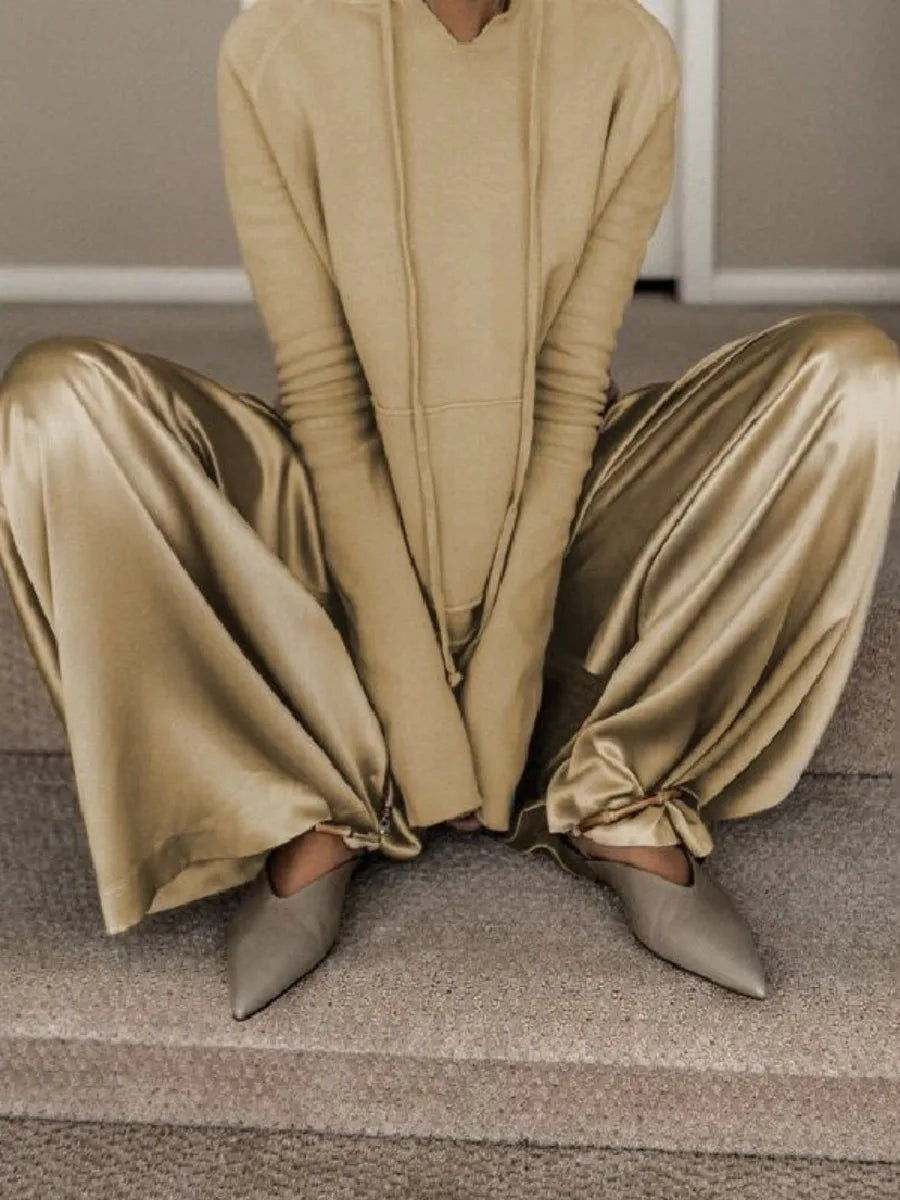 2025 Autumn Fashion Suit for Women Drawstring Hooded Sweatshirt and High Waist Wide Leg Pants Casual Pant Sets
