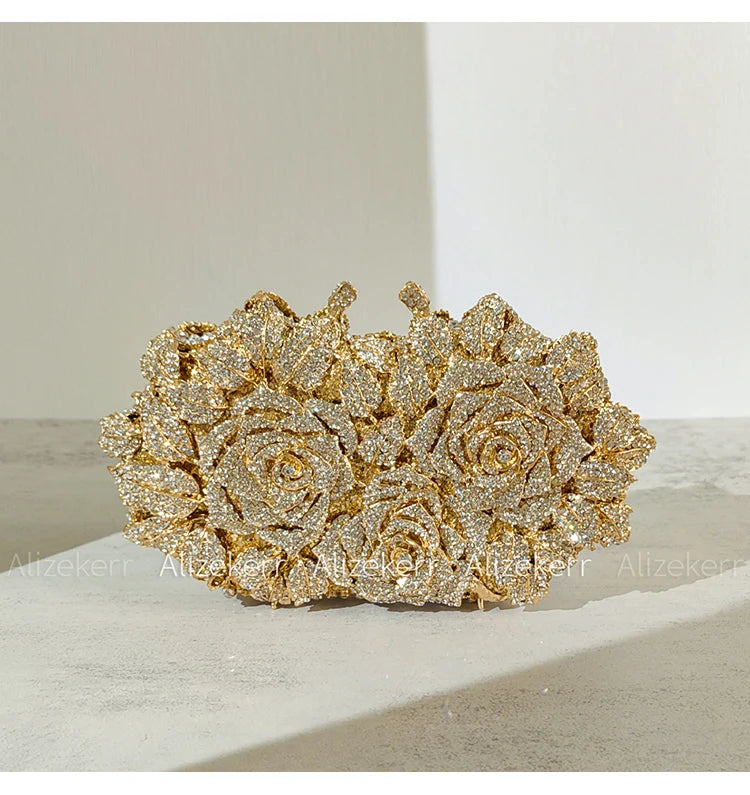 Alizekerr Rose Crystal Evening Clutch Bags Women New Luxury Boutique Sparkling Diamond Flower Purses And Handbags Wedding Party
