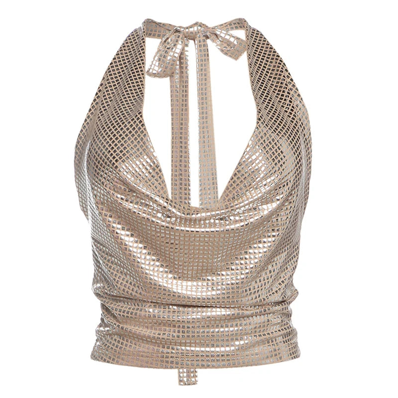 Weird Puss Sequins Backless Sexy Tank Tops Swing Collar Summer Sleeveless Pleated Lace-Up Halter Party Streetwear Skinny Vest