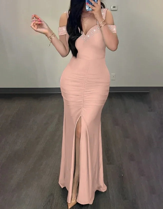 Evening Dresses Women Clothes Fashion Rhinestone Cold Shoulder Slit Ruched Party Elegant Long Bodycon Dress Summer 2024 New