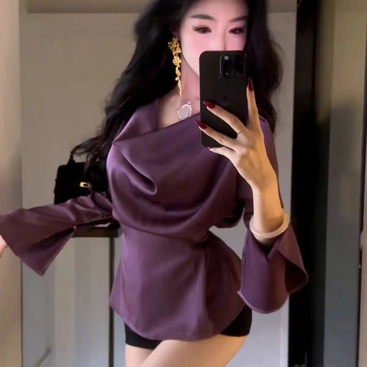 Silk Satin Basic Blouse Women Luxury Elegant Flare Long Sleeve Shirt Lady Bandage Tunic Top Korean Office Casual